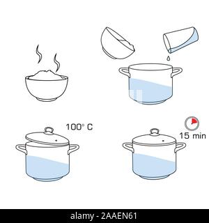 Come cuocere il riso con pochi ingredienti ricetta facile. Istruzioni sul riso processi decisionali per la prima colazione. Ciotola calda con il cibo gustoso. Illustrazione Vettoriale