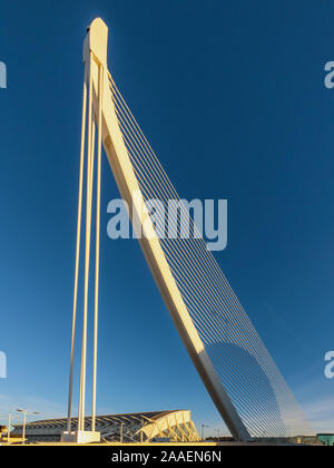 El Pont de l'Assut de l'Or presso la Città delle Arti e delle scienze nelle prime ore del mattino, progettato da Calatrava, Valencia, Spagna Foto Stock