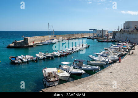 Barche colorate in riparato porto a porto Tricase sulla costa Adriatica della Puglia (Puglia), Italia Meridionale Foto Stock