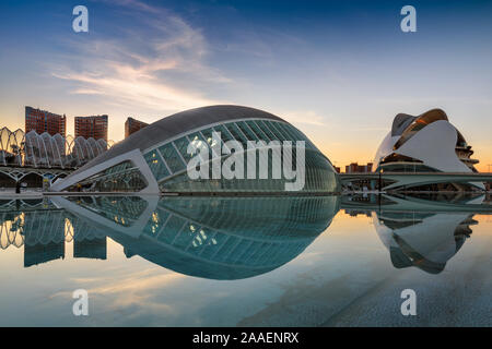 Città delle Arti e delle scienze nelle prime ore del mattino, progettato da Calatrava, Valencia, Spagna Foto Stock