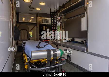 Ambulanza interno dalla porta sul retro. Foto Stock