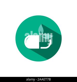 Natura pillola icona con ombra su un cerchio verde. Schermo piatto a colori vettore illustrazione della farmacia Illustrazione Vettoriale