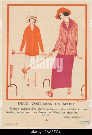 Illustrazione di due donne nel novecento sportswear giocando croquet, pubblicato in francese rivista di moda "Gazette du Bon genere', noto anche come "Gazette du Bon Ton', da artista Georges Lepape, 1915. Dalla Biblioteca Pubblica di New York. () Foto Stock