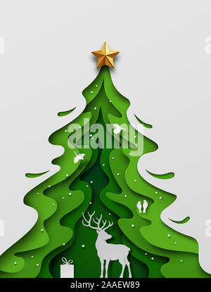 Arte di carta craft, cervi nella foresta con la neve e gli uccelli. Composizione globale appare come albero di Natale. Illustrazione Vettoriale. Foto Stock