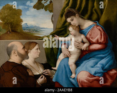 Madonna con il Bambino e due donatori; Lorenzo Lotto (Italiano (Veneto), circa 1480 - 1556); circa 1525-1530; Olio su tela; 87,6 × 118,1 cm (34 1/2 × 46 1/2 in.) Foto Stock