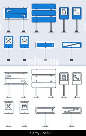 Set di vettore di doodle cartelli stradali in colorati e doodle outline stile. Disegnate a mano segno di traffico icone isolati su sfondo bianco Illustrazione Vettoriale