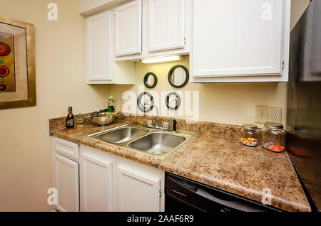 La cucina dispone di un doppio lavabo alto monte lavello a Four Seasons apartments in Mobile, Alabama. Il complesso di appartamenti è di proprietà e gestito da Sealy. Foto Stock