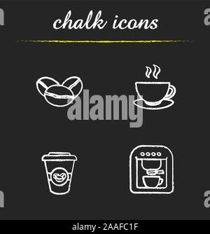 Caffè chalk set di icone. Chicchi di caffè, fumante tazza di caffè, bicchiere di carta e macchina per il caffè. Illustrazioni in bianco sulla lavagna. Vettore di caffè lavagna l Illustrazione Vettoriale