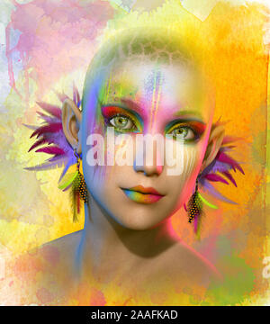 Computer grafica 3d di un ritratto di una donna con colorati trucco e orecchini in piuma Foto Stock