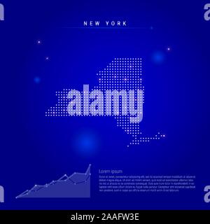 New York Stato Usa mappa illuminato con puntini luminosi. Elementi Infographics. Blu scuro dello sfondo dello spazio. Illustrazione Vettoriale. Diagramma di crescente, lorem ipsu Illustrazione Vettoriale