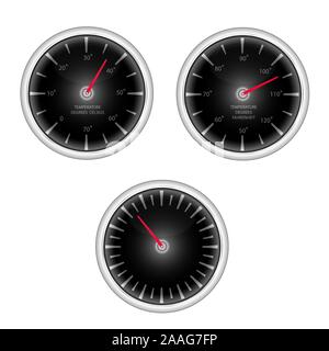 Realistico indicatore di temperatura con gradi Celsius e Fahrenheit gradi per l'ondata di caldo in Chrome - Vettore raggruppate Illustrazione Vettoriale