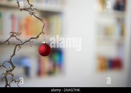 Close up di rosso palla di Natale presso una filiale di fronte unsharp sfondo di scaffale Foto Stock