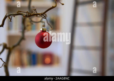 Close up di rosso palla di Natale presso una filiale di fronte unsharp sfondo di scaffale Foto Stock