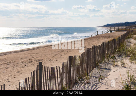 Recinzioni protettive lungo le dune di sabbia del settore pubblico/privato spiaggia all'oceano Foto Stock