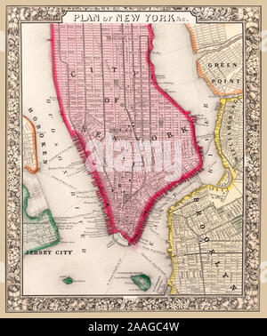 Ripristinata la riproduzione di una mappa di New York City, prodotta nel 1863, che mostra le rotte di traghetti prima di ponti sono stati costruiti. Foto Stock