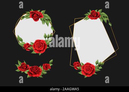 Nozze scheda invtation modello di disegno. Red rose fiori con cornice dorata Illustrazione Vettoriale