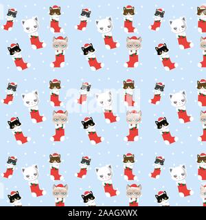 Seamless pattern di Natale con Cartoon carino gatti in calze. Illustrazione Vettoriale