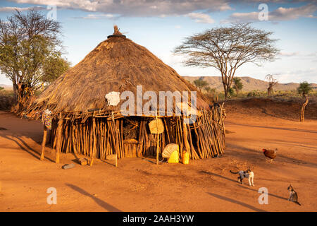 Etiopia, Sud Omo, Turmi, Hamar villaggio tribale, gatti e il pollo con il composto al di fuori del tradizionale casa di legno con tetto di paglia Foto Stock