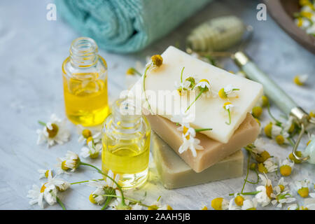 Naturale sapone artigianale a base di oli essenziali, medicinali alle erbe curative e fiori, bellezza naturale e dermocosmesi , pulire gli ingredienti di bellezza Foto Stock
