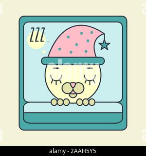 Sleepy cat in hat, baby gattino dormire a bad, animale dreaming, stampa vettoriale Illustrazione Vettoriale