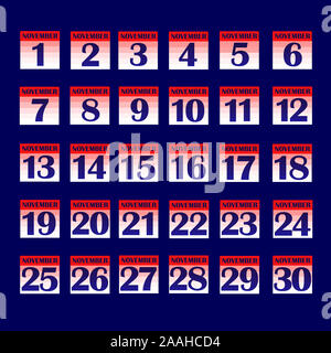 Set di pulsanti con le date del calendario per il mese di novembre. Per la pianificazione di importanti giorni. Banner per i giorni festivi e giorni speciali. Illustrazione con sfondo scuro. Foto Stock