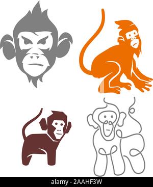 Monkey Logo Design Template illustrazione vettoriale impostato Illustrazione Vettoriale