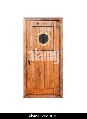 Vintage porta in legno con oblò rotondo finestra isolati su sfondo bianco Foto Stock