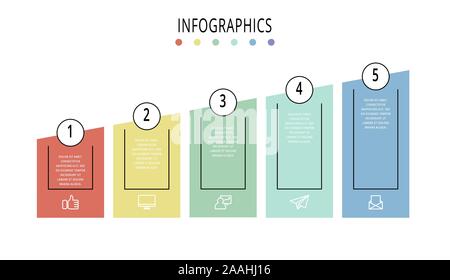 Template vettoriale infographics. Il concetto di business con 5 colonne. Cinque fasi per il contenuto, del diagramma di flusso, timeline, livelli, marketing, presentazione, grafico Illustrazione Vettoriale