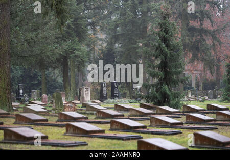 21 novembre 2019, Brandeburgo, Potsdam: Calcestruzzo grave cuscini e lapidi giacente sul cimitero sovietico in una zona boscosa sulla Bundesstraße 2 tra Potsdam Michendorf e. Su 39 sepoltura 2399 guerra sovietica morti dalla Seconda Guerra Mondiale e 2829 ufficiali, soldati, i dipendenti civili e ufficiali del presidio delle forze armate sovietiche nella RDT sono sepolti. In corrispondenza di alcune tombe ci sono le foto del defunto, una tradizione che è comune in Russia. Inoltre ricordare le lapidi di incidenti con gli aeroplani o i serbatoi che sono incisi silhouette-simili nelle pietre. Il 26 soldati che cra Foto Stock