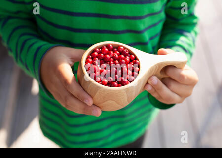 Bambino azienda boccale in legno di bacche rosse Foto Stock