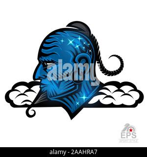 Arabian spirito faccia blu nel profilo con la barba e la falce isolato su bianco. Logo per qualsiasi sport team genie Illustrazione Vettoriale