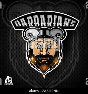 Barba uomo faccia con casco cornuta. Logo per qualsiasi sport team barbari Illustrazione Vettoriale