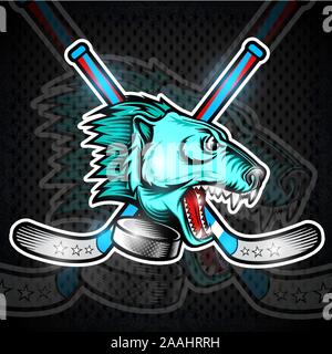 Bestia bear volto dalla vista laterale con disco da hockey e attraversato stick. Logo per qualsiasi sport team polarbear Illustrazione Vettoriale