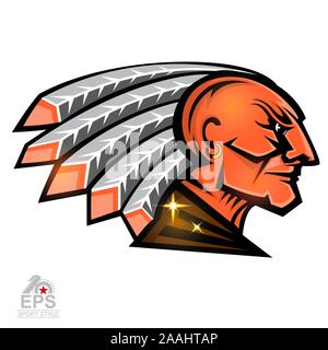 L'uomo faccia profilo con le piume in testa. Logo Sport isolato su bianco Illustrazione Vettoriale