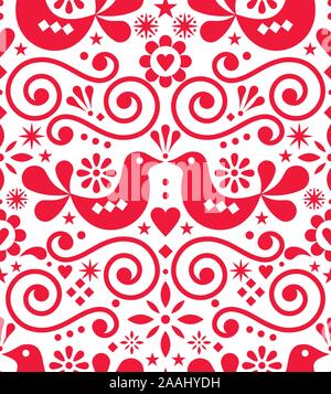 Scandinavian floral folk art vettore dal design semplice e grazioso modello nordico con uccelli in rosso su sfondo bianco Illustrazione Vettoriale