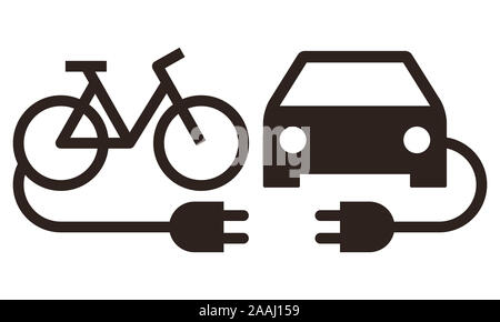 Auto elettriche e bicicletta elettrica icona isolati su sfondo bianco Foto Stock