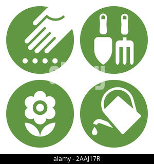 Icona di piantagione, utensili da giardinaggio icona, fiore icona e annaffiatoio icona. Simboli di giardinaggio isolati su sfondo bianco Foto Stock