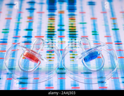 Baby succhietto nella scatola di Petri a illustrare baby accanto all uomo il profilo del DNA Foto Stock