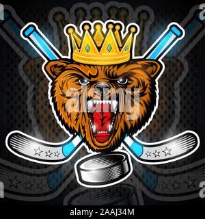 Bestia recare dalla vista frontale con corona e attraversato mazza da hockey. Logo per qualsiasi sport team grizzly Illustrazione Vettoriale