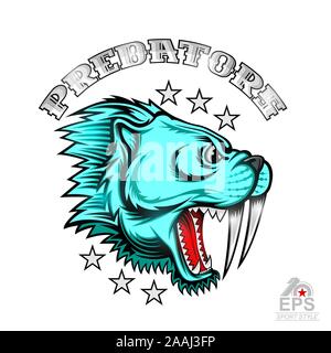Bestia saber-tigre dentata volto dalla vista laterale con denti nuda. Logo per qualsiasi sport team predatore isolato su bianco Illustrazione Vettoriale
