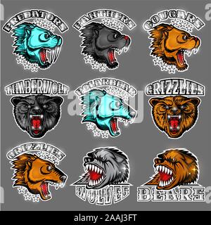 Bestia volto dalla vista laterale e frontale con denti nuda. Panther, cougar; orso, lupo, polarbear, grizzly, predator. Logo per qualsiasi sport squadre isolato Illustrazione Vettoriale