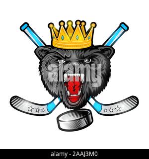 Bestia wolf volto dalla vista anteriore con disco da hockey e attraversato stick. Logo per qualsiasi sport team timberwolf Illustrazione Vettoriale