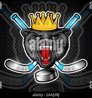 Bestia wolf volto dalla vista anteriore con disco da hockey e attraversato stick. Logo per qualsiasi sport team timberwolf Illustrazione Vettoriale