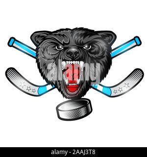 Bestia wolf volto dalla vista anteriore con disco da hockey e attraversato stick. Logo per qualsiasi sport team timberwolf Illustrazione Vettoriale