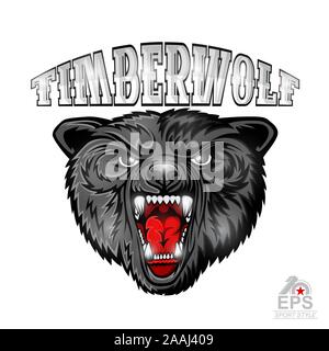 Bestia wolf volto dalla vista frontale con denti nuda. Logo per qualsiasi sport team timberwolf isolato su bianco Illustrazione Vettoriale