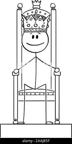 Vector cartoon stick figura disegno illustrazione concettuale dell uomo sorridente o re che siede sul trono regale con la corona sul capo. Illustrazione Vettoriale