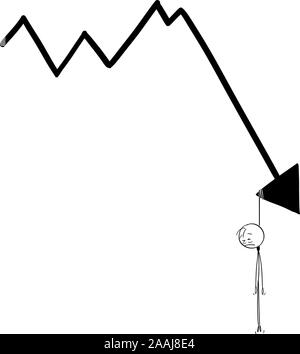 Vector cartoon stick figura disegno illustrazione concettuale dell'uomo o imprenditore impiccato sulla diminuzione grafico finanziario o il grafico freccia. Concetto di crisi. Illustrazione Vettoriale