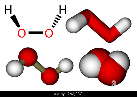 Il perossido di idrogeno (H2O2) formula strutturale e 3D modelli molecolari Foto Stock