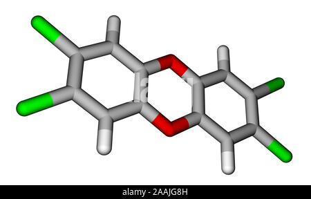 Il veleno la 2,3,7,8-tetraclorodibenzo-p-diossina (diossina). Bastoni modello molecolare Foto Stock