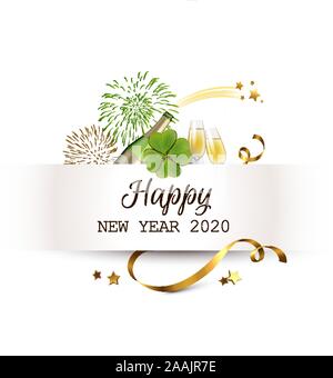 Anno nuovo bigliettino. Banner con fuochi d'artificio, champagne, stella di decorazione e di shamrock Illustrazione Vettoriale
